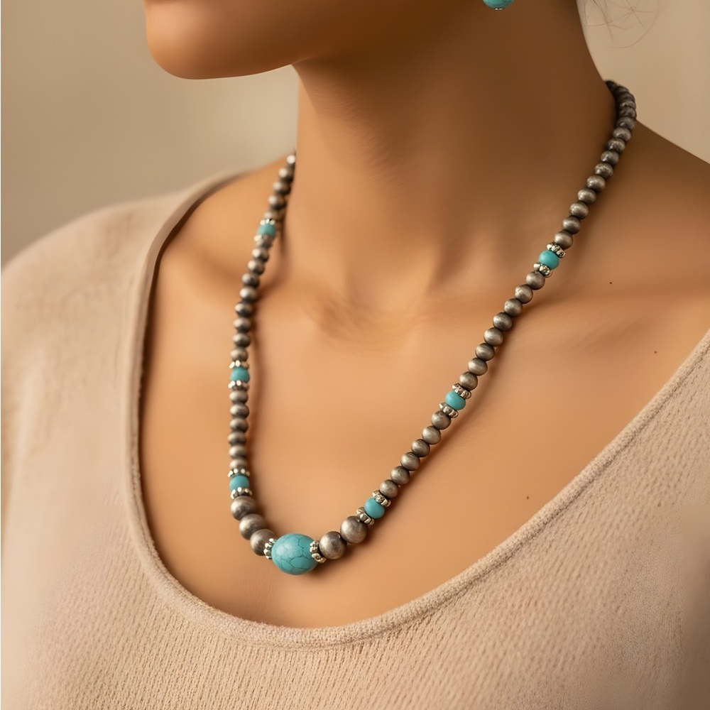 Turquoise and Silver Beaded Necklace and Earring Set